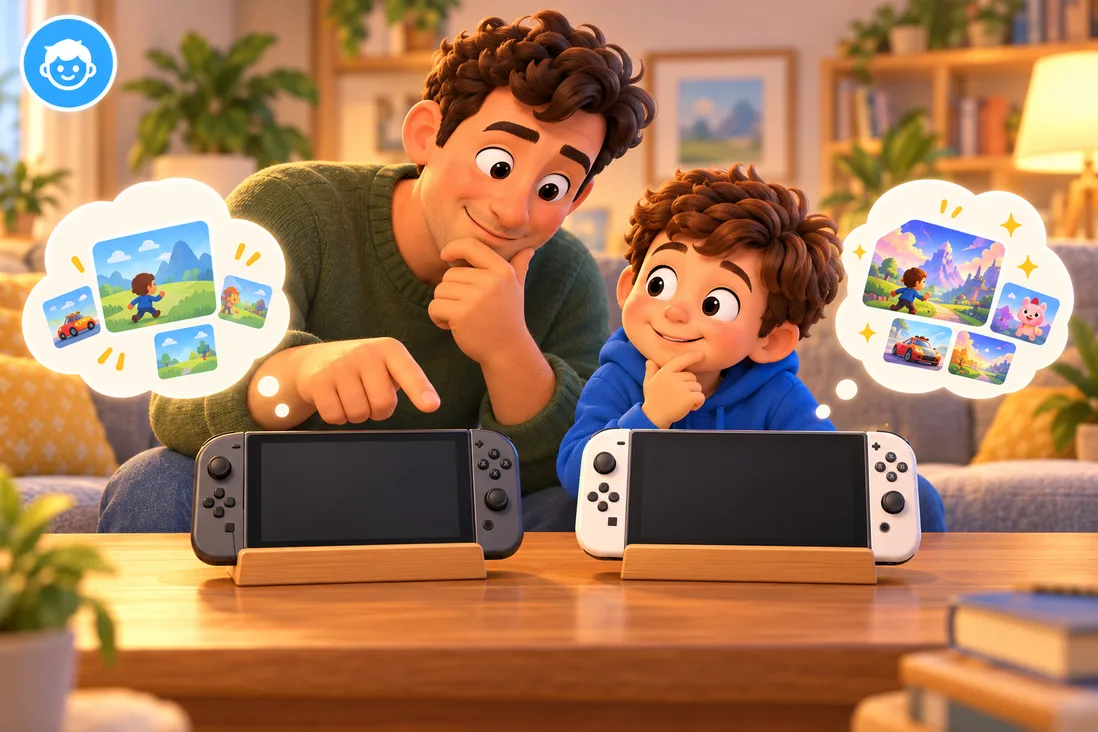 Illustration de Nintendo Switch ou Switch 2 pour un enfant : laquelle choisir en 2026 ?